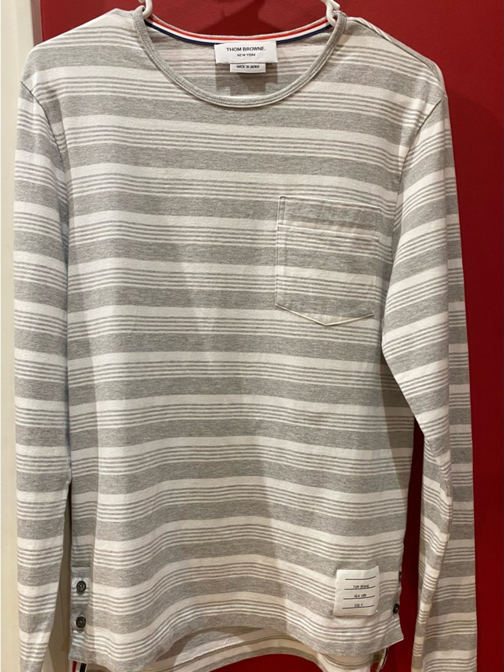 Thom Browne Womens size 0 long sleeve cotton striped tee shirt gray + white